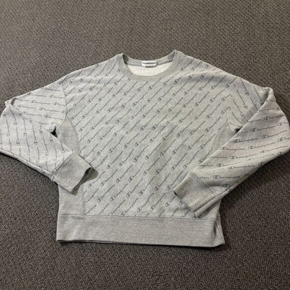 Champion Sweatshirt Mens Size Small S Reverse Weave All Over Spellout Print Grey - Picture 1 of 10
